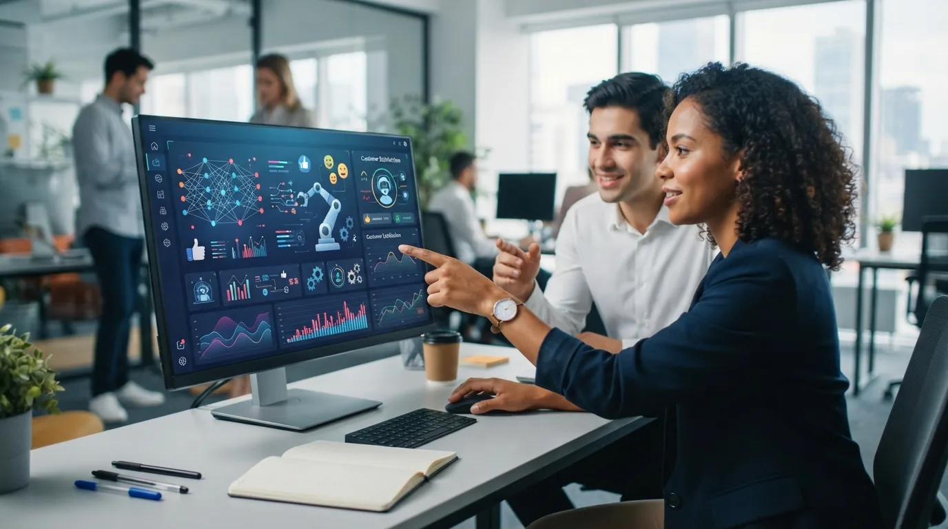 Representação visual de uma dashboard empresarial digital com elementos gráficos de IA, como robôs e ícones de automação, des